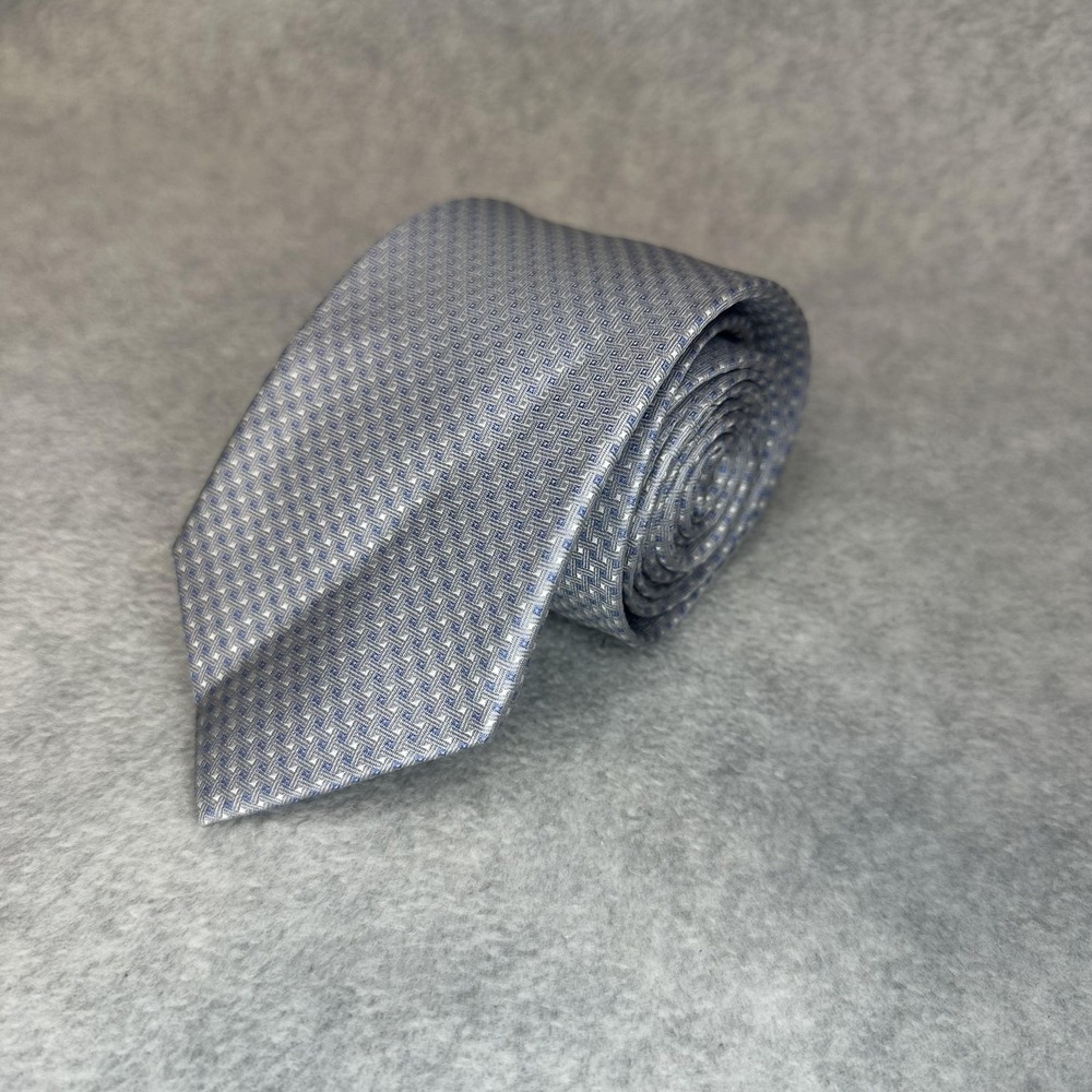 Beau Brummel Soho Tie Mens Silver Gray‎ Blue 100% Silk Handmade Geometric Formal